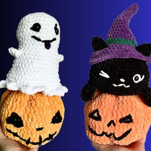 Halloween Crochet Pattern Pumpkin Ghost Cat 2in1 plush CROCHET PATTERN no sew reversible toy candy basket Halloween gift for kids