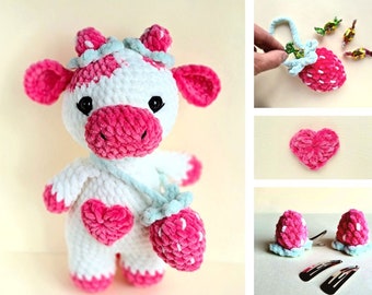 Strawberry cow plush, crochet pattern pdf, stuffed cow pattern, amigurumi toy, crochet animal, plush pattern toy, easy pattern
