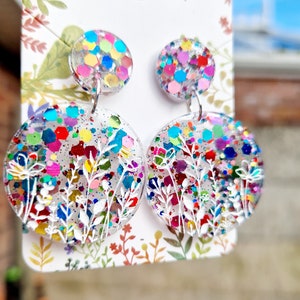 Large flower earrings , statement earrings, bright earrings , flower earrings, flower gifts , colourful earrings , round earrings ,