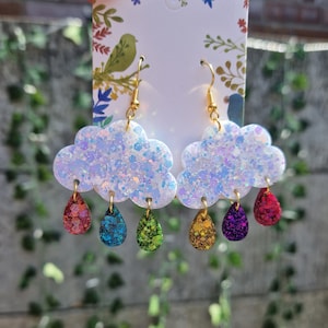 Glitter Cloud Earrings: Rainbow Raindrop Dangles, Hypoallergenic Hooks
