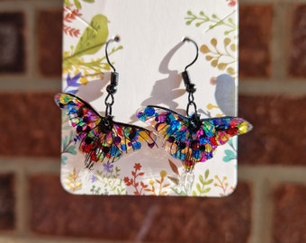 Black butterfly earrings , rainbow earrings , bright earrings, unique jewellery, gifts for her , butterfly gifts , statement earrings