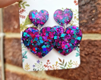 Large blue , pink , purple,  heart earrings , statement earrings, bright earrings , gifts for her , valentines day gifts , retro earrings