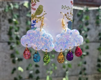 Cloud statement earrings , letter box gifts , bright earrings, raindrop earrings, Unique earrings , fun earrings , gold earrings
