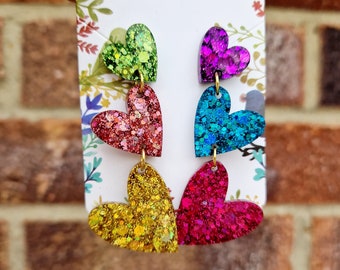 Sparkly Heart Dangle Earrings, Bold Colorful Statement Jewellery