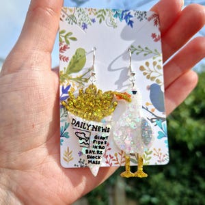 Seagull and Chips Mismatch Earrings, Quirky Statement Jewelry, Fun Accessory , handmade jewellery
