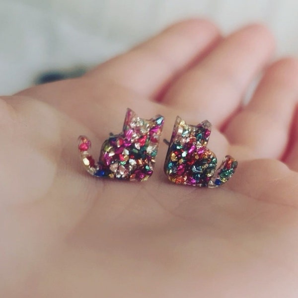 Rainbow Metallic Glass Cat Stud Earrings, Hypoallergenic