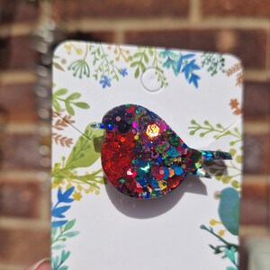 Peut inclure: Une broche en forme de rouge-gorge en paillettes rouges, bleues et vertes. Le rouge-gorge est en r&eacute;sine et a une finition brillante et iris&eacute;e.