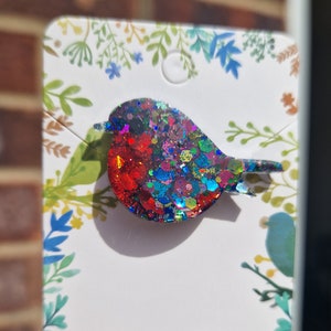 Peut inclure: Une broche en forme de rouge-gorge en paillettes rouges, bleues et vertes. Le rouge-gorge est en r&eacute;sine et a une finition brillante et iris&eacute;e.