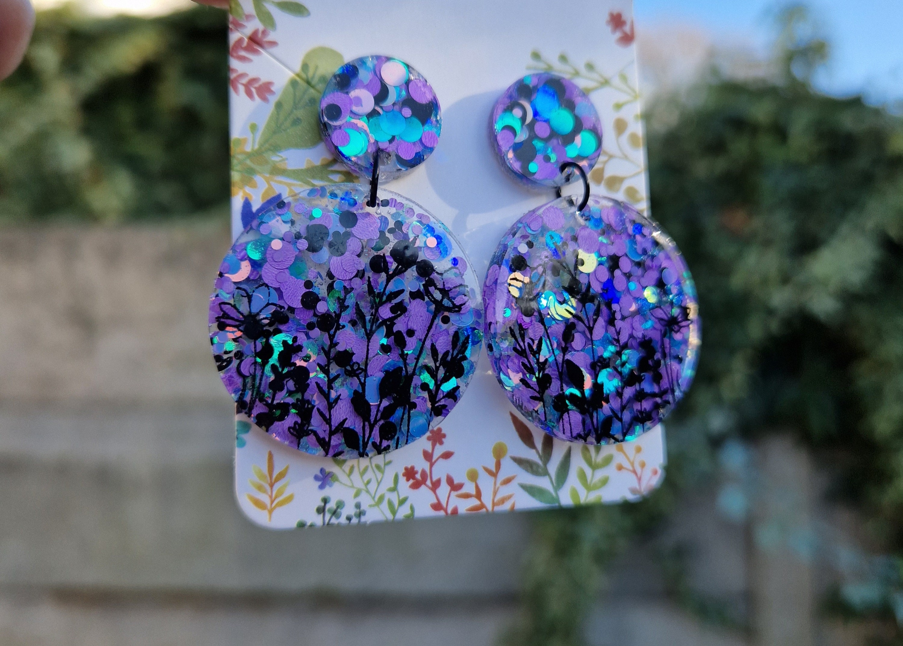Purple Floral Glitter Statement Earrings: Sleek Bold Look - Etsy display picture 2