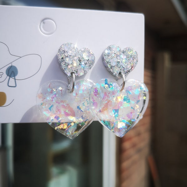 Iridescent Heart Earrings: Chunky Glitter 925 Silver Statement Earrings