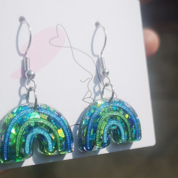 Green rainbow shaped earrings , green earrings , blue earrings , cute earrings , statement earrings, gifts for her , teacher gifts,