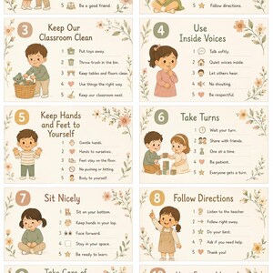 Könnte beinhalten: Ein Satz von zehn illustrierten Karten mit pädagogischen Botschaften für Kinder. Jede Karte zeigt ein anderes Thema, wie Freundlichkeit, Zuhören und Abwechseln, mit Text und Illustrationen von Kindern.