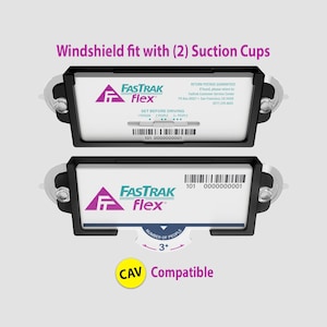 May include: Two black Fastrak Flex transponders with suction cups for windshield mounting. Each transponder has a white background with the Fastrak Flex logo and a barcode. The text "Windshield fit with (2) Suction Cups" is at the top.