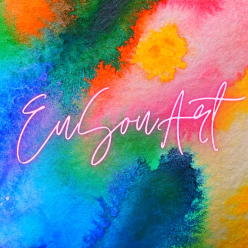 May include: Abstract watercolor painting with vibrant colors of blue, green, yellow, orange, and pink. The words "En-Soul Art" are written in pink cursive.