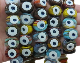 Turkish Artisan Marbled Evil Eye Glass Beads, Bodrum Murano Style, 5 Pcs