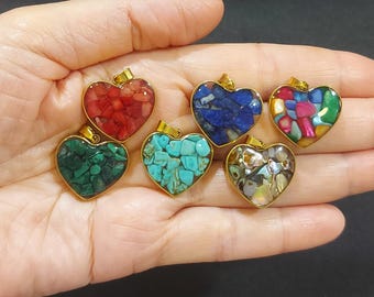 Set of 6 Epoxy Resin Hearth Pendants 25 mm,  Steel Plated Gemstone Heart Necklace Charms ( You can choose your 6 favorite stones)
