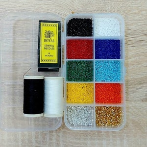 Miyuki Delica Starter Kit 1 ), 10 Colours 30 grams or 50 grams with Plastic Box, 2 Mez Nylbond Threads, Royal Needles (20 Pieces)