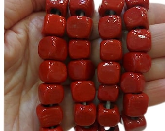 Handmade Crimson Murano Glass Cube Beads, Large Hole (5 Piece)