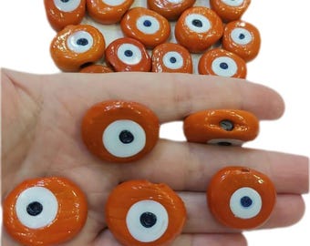 Traditional Turkish Artisan Handmade Glass Pumpkin Evil Eye Beads, Large Hole, 4 Beads per pack