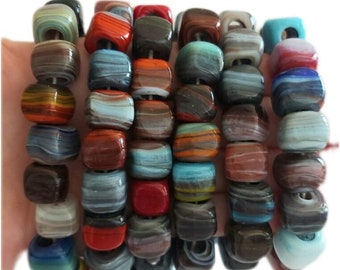 Handmade Marbled Murano Glass Cube Beads, Large Hole, 5 Pieces