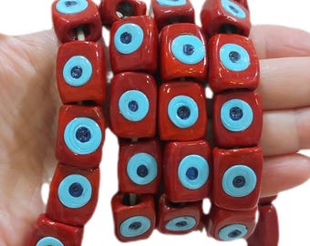 Turkish Artisan Handmade, Rectangle Red Beads with Light Blue, Evil Eyes Glass Beads Turkish Bodrum Murano Glass Beads, 5 Pieces in a Pack