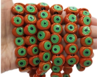 Turkish Handmade, Terracotta  with Green Evil Eyes Murano Glass Beads, Danagöz, Turkish Bodrum Murano Glass Beads, 5 Pieces in a Pack