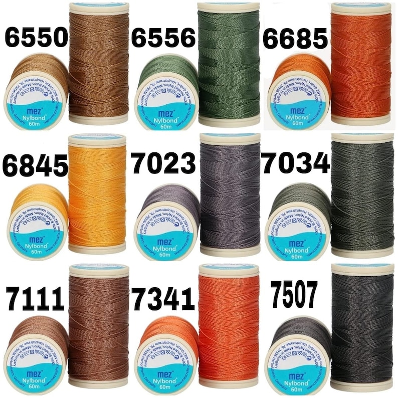May include: Assortment of 10 spools of thread in various colors, including brown, green, orange, and gray. Each spool is labeled with the brand name "mez" and the text "Nylbond" and "60m".