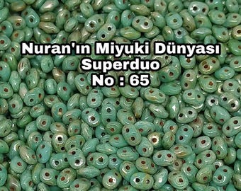 No : 65 , Superduo Beads, Golden Shimmering Turquoise Green, Matubo Czech Glass Beads, 10 Grams