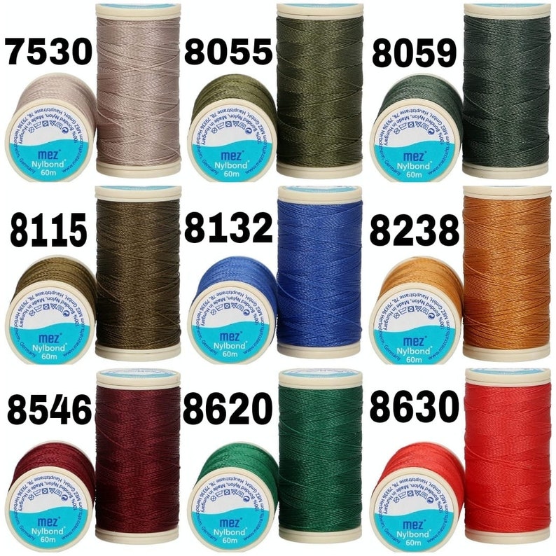 May include: Assortment of 10 spools of thread in various colors, including beige, green, blue, brown, red, and dark green. Each spool is labeled with the brand name "mez" and the text "Nylbond 60m".