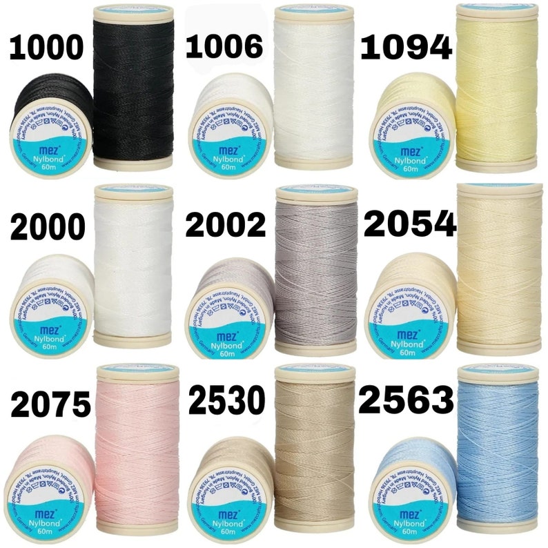 May include: A collection of 10 spools of thread in various colors, including black, white, gray, beige, light blue, light pink, and yellow. Each spool is labeled with the brand name "mez" and the text "Nylbond 60m".