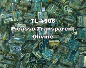 Miyuki Whole Tila Beads, TL- 4506  Transparent Picasso Olivine,  5 - 10 grams Pockets