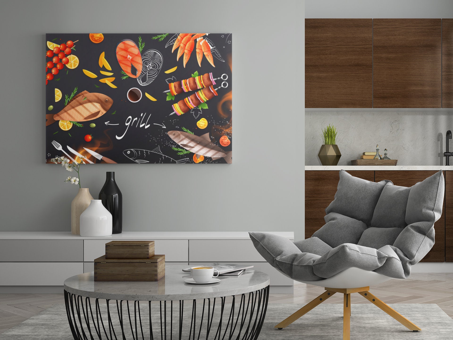 Tableau Grill, Barbecue, Bbq, Barbecue Partie, Dessin, Décoration Cuisine, Bar, Impression sur Toile