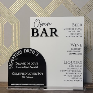 Enseigne de menu élégante en acrylique pour bar | Tableau de menu de mariage personnalisé | Décoration de fête de fiançailles | Ouvrir le menu des enseignes