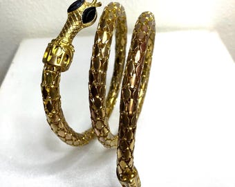 80s Gold tone Rattlesnake wrap cuff bracelet, Scaled mesh Coiled Snake Serpent bracelet, gothic nature inspired jewelry, VTG Mystic jewelry.