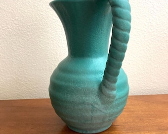 Vintage turquoise Crown Ducal Pottery Pitcher, Peacock Blue Glaze, Rope Handle, Decorative shelf mantle decor, small jug with handle.