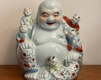 Large Highly Desirable Character Marked Republic Chinese Budai Hotei laughing Buddha with 5 children porcelain fine art sculpture. feng shui