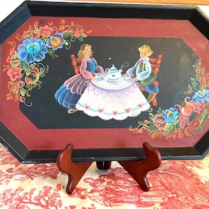 Charming hand painted Vintage Dutch Tole Ware Tray - Boy and Girl Tea for Two, Mid 20th Century, farmhouse decor, metal tea serving tray.