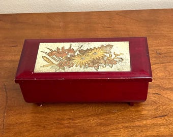 60s Westland Red Lacquered Musical Jewelry Box, Flower Inlay, decorative jewel storage, Mid Century vanity decor,  jewelry box collector.