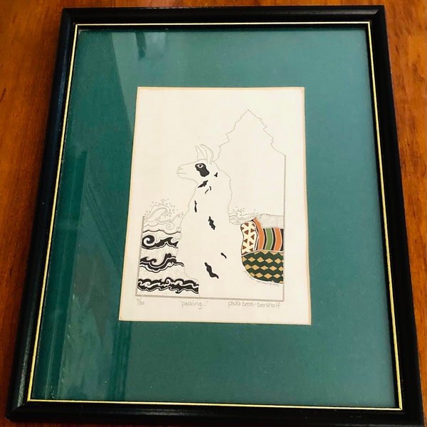 Rare Fabulous Modern vintage limited edition signed and numbered handsome Llama lithograph by famous Stamp illustrator Paula Best Bertholf.