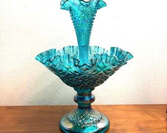 Gorgeous Fenton Teal blue Carnival glass ruffled iridescent one horn Epergne vase, glass tulip bowl, Blue Fenton diamond lace vase epergne.