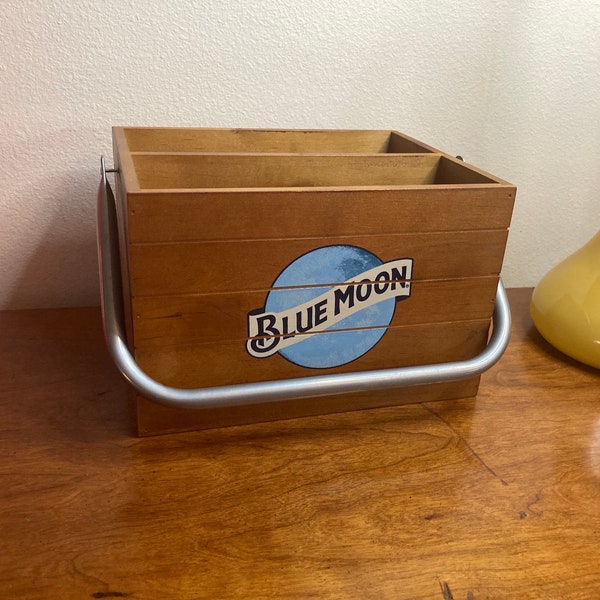 Vintage man cave high quality Blue Moon wood condiment or beer bottle caddy with sturdy well built metal handle . Unique gift for him!