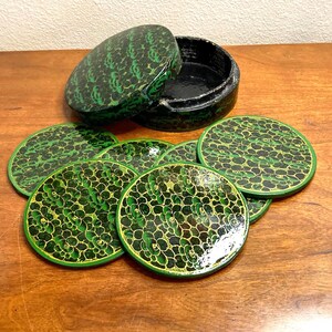 Hand Painted Vintage Kashmir  green Coaster Set - 6 Floral Papier-Mâché Coasters with Holder - Perfect Gift for Home Decor, Green beer mats