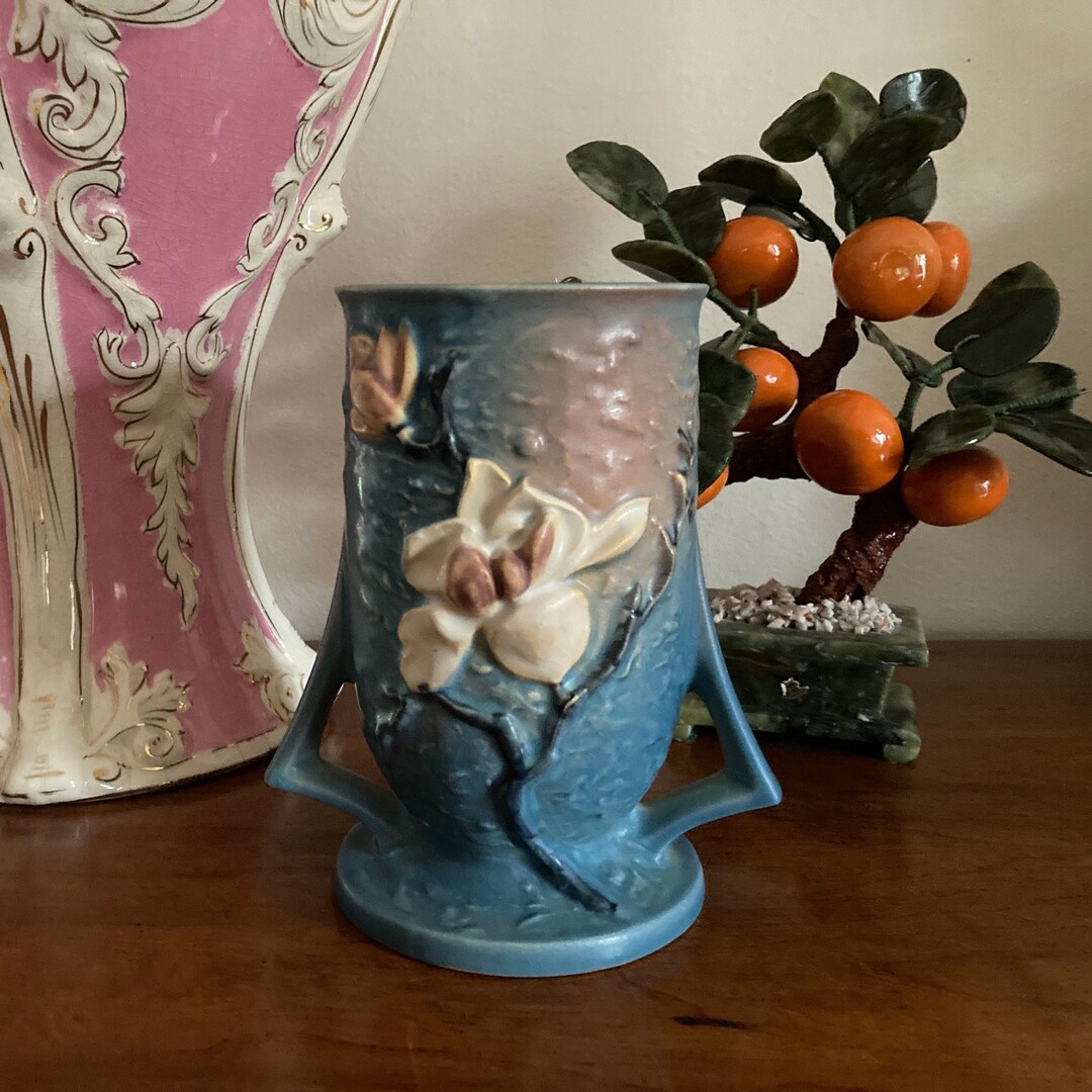Roseville Ohio Pottery 87 6 Dusty Blue Magnolias 1943 Two Handled Vase