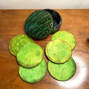 Hand Painted Vintage Kashmir  green Coaster Set - 6 Floral Papier-Mâché Coasters with Holder - Perfect Gift for Home Decor, Green beer mats