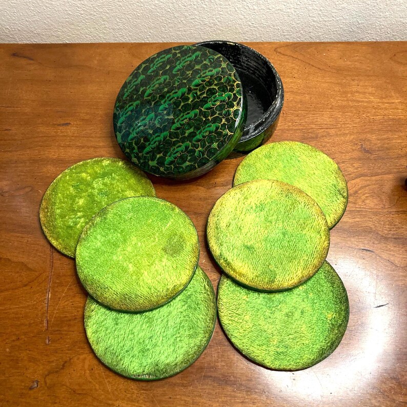 Hand Painted Vintage Kashmir  green Coaster Set - 6 Floral Papier-Mâché Coasters with Holder - Perfect Gift for Home Decor, Green beer mats