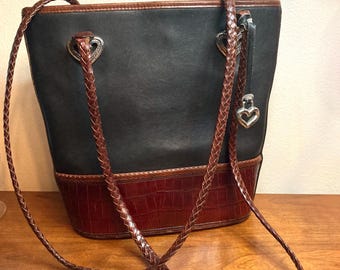 BRIGHTON 1990s Vintage two tone black & brown Leather tote bag bucket designer handbag, silver tone  Heart charm hardware accents,