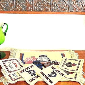 Vintage 6 Placemats and 6 Coaster set, Elpaso Saddle Blanket Co, pottery gecko kokopeli, 100% cotton weave, Western Adobe style dining decor