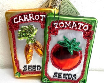 Pre owned garden Seed glass ornament, vintage inspired seed packs, carrot & tomato, hand blown, mercury style tree decor, Gardener gift.