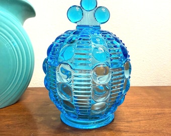 Spectacular 1980s Rare Aqua Blue Indiana Glass candy dish, Tiara Dew Drop lidded  Dish, fairy lamp collectors piece, ice blue glass decor.