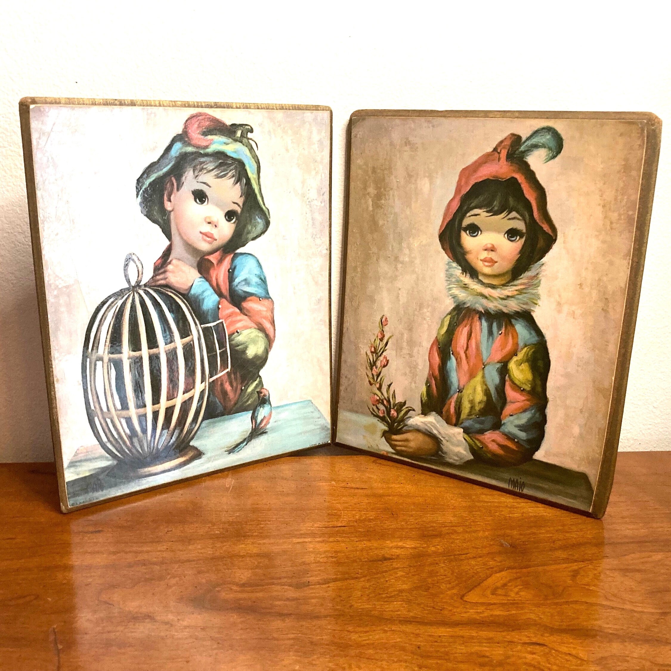 メゾチント　vintage Art Fabulous Vintage 1960s JEAN MAIO Boy Girl Harlequin Pair Big